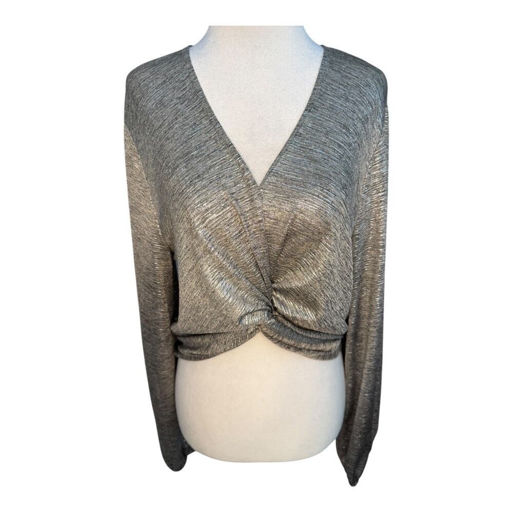 Altar'd State Women's Gold V-Neck Twist Crop Top Size Large Party Blouse Bolero